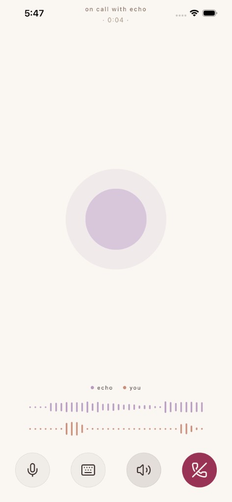 Echo voice call in progress — on call with Echo, live waveforms for Echo and you